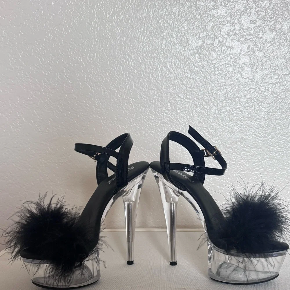 Black | Feather Platform Heels | Clear Heel Statement Stilettos Sexy Glam